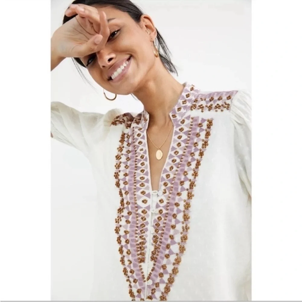 Anthropologie Ivory Embroidered Beaded Peasant Blouse Petite 10 Boho Puff Sleeve